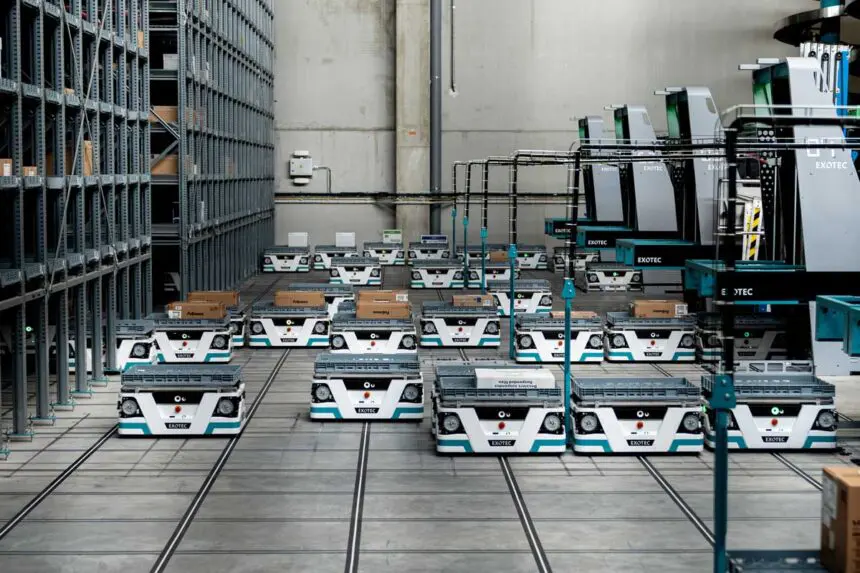 Robots Exotec dans l'entrepôt de Lyreco en Mayenne