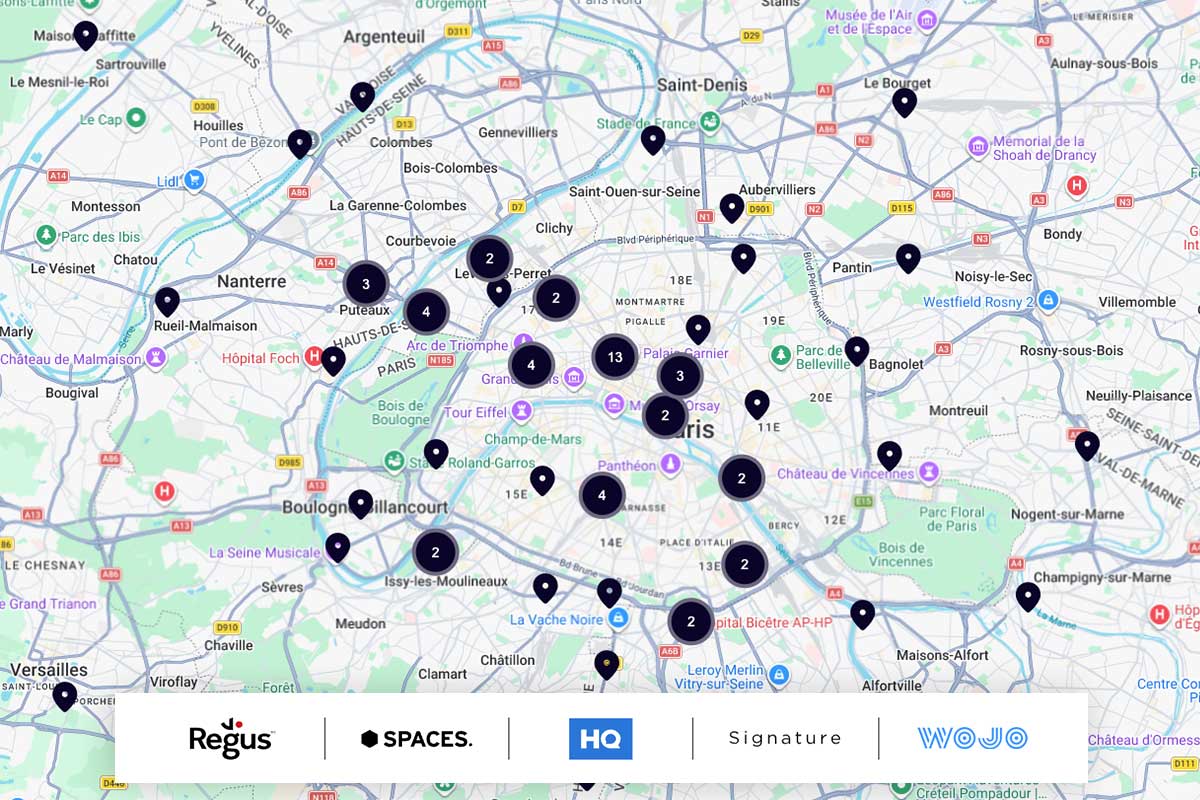 carte des implantations du groupe IWG (Regus, HQ, Wojo, Signature) à Paris