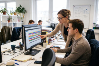 Salariés en entreprise devant un planning