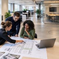Architecte étudiant l’accessibilité d’un projet de réaménagement de bureaux existants