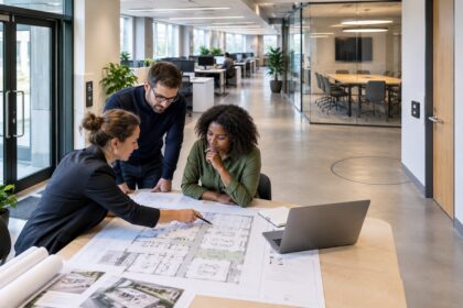 Architecte étudiant l’accessibilité d’un projet de réaménagement de bureaux existants