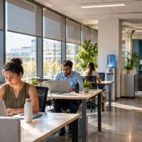 Salariés travaillant dans un bureau protégé du soleil pendant une période de forte chaleur