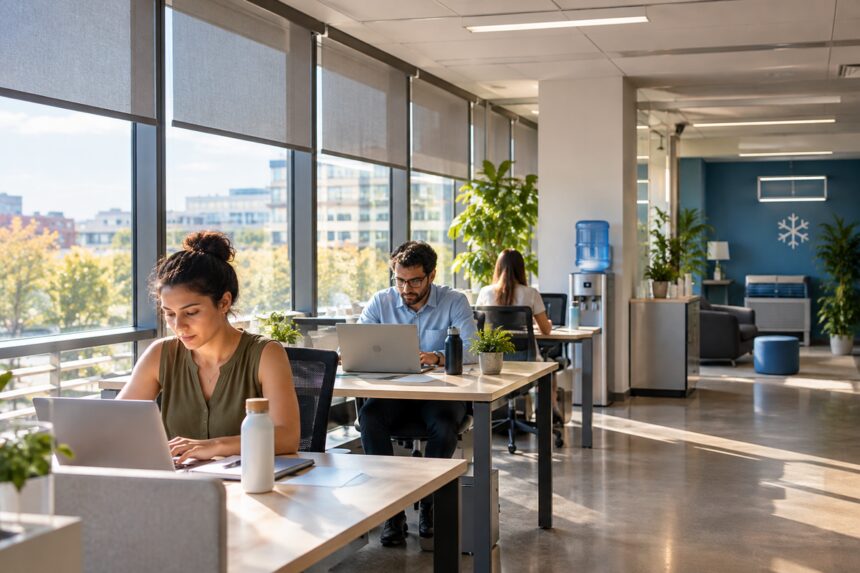 Salariés travaillant dans un bureau protégé du soleil pendant une période de forte chaleur