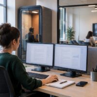 Salariée utilisant un assistant IA dans une zone calme d’un bureau de PME