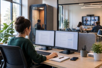 Salariée utilisant un assistant IA dans une zone calme d’un bureau de PME