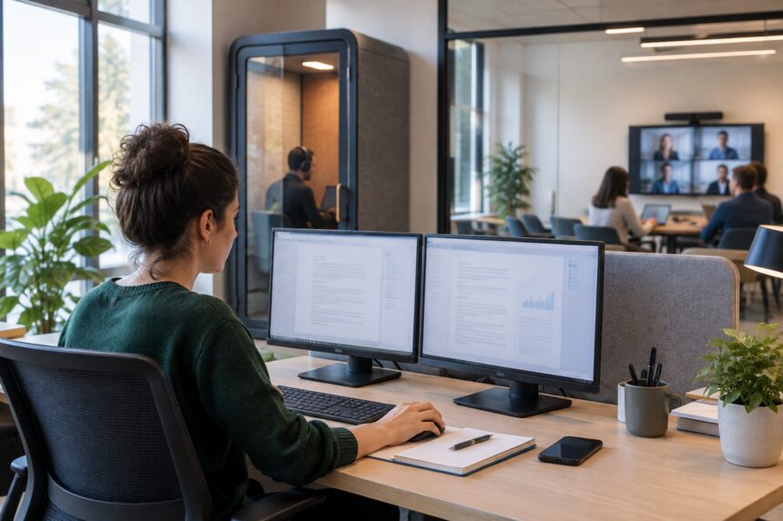 Salariée utilisant un assistant IA dans une zone calme d’un bureau de PME