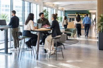 Salariés alternant travail assis, réunion debout et déplacements dans un bureau aménagé